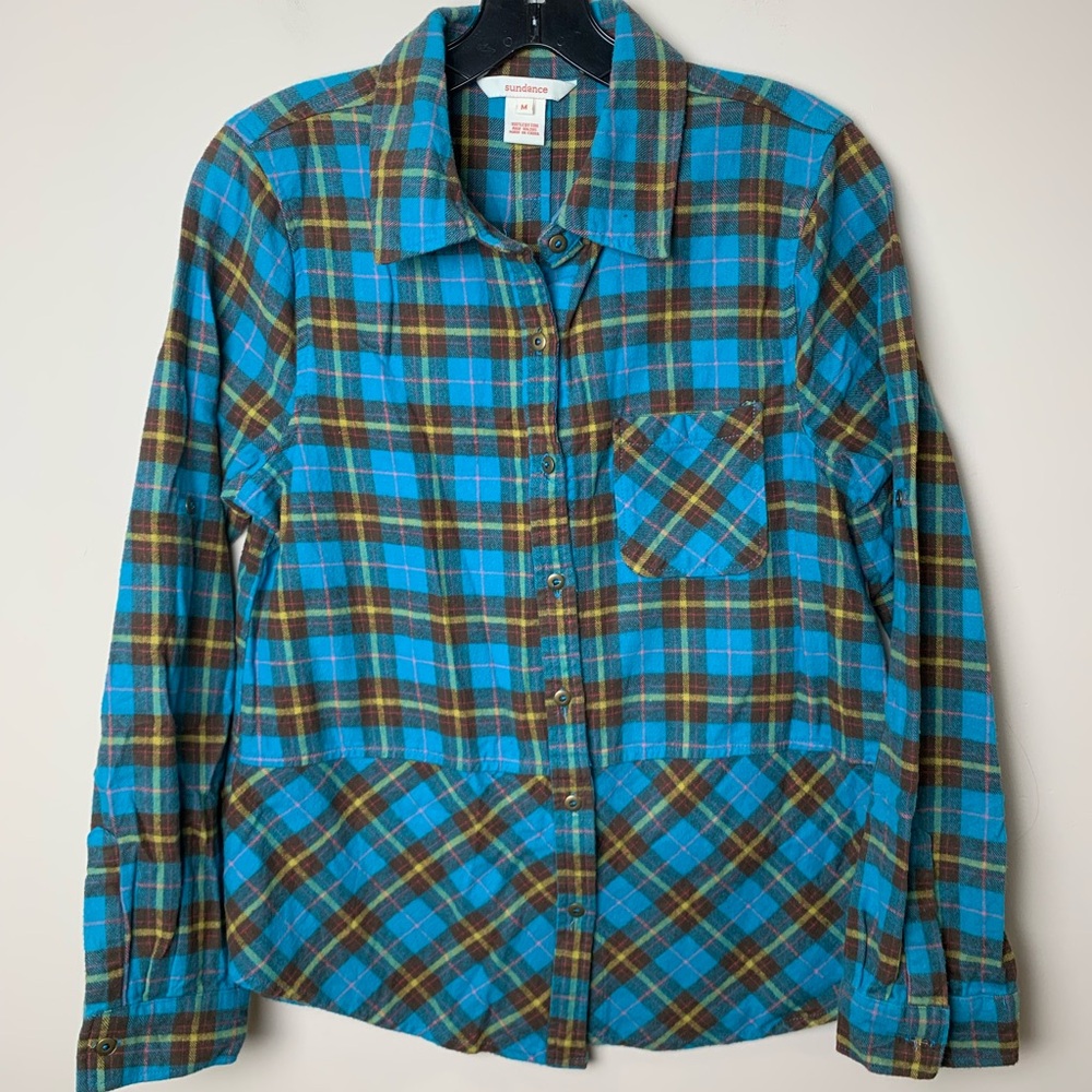 Sundance‎ Flannel Shirt Women's Medium Plaid 100% Cotton Peplum Western Cabin